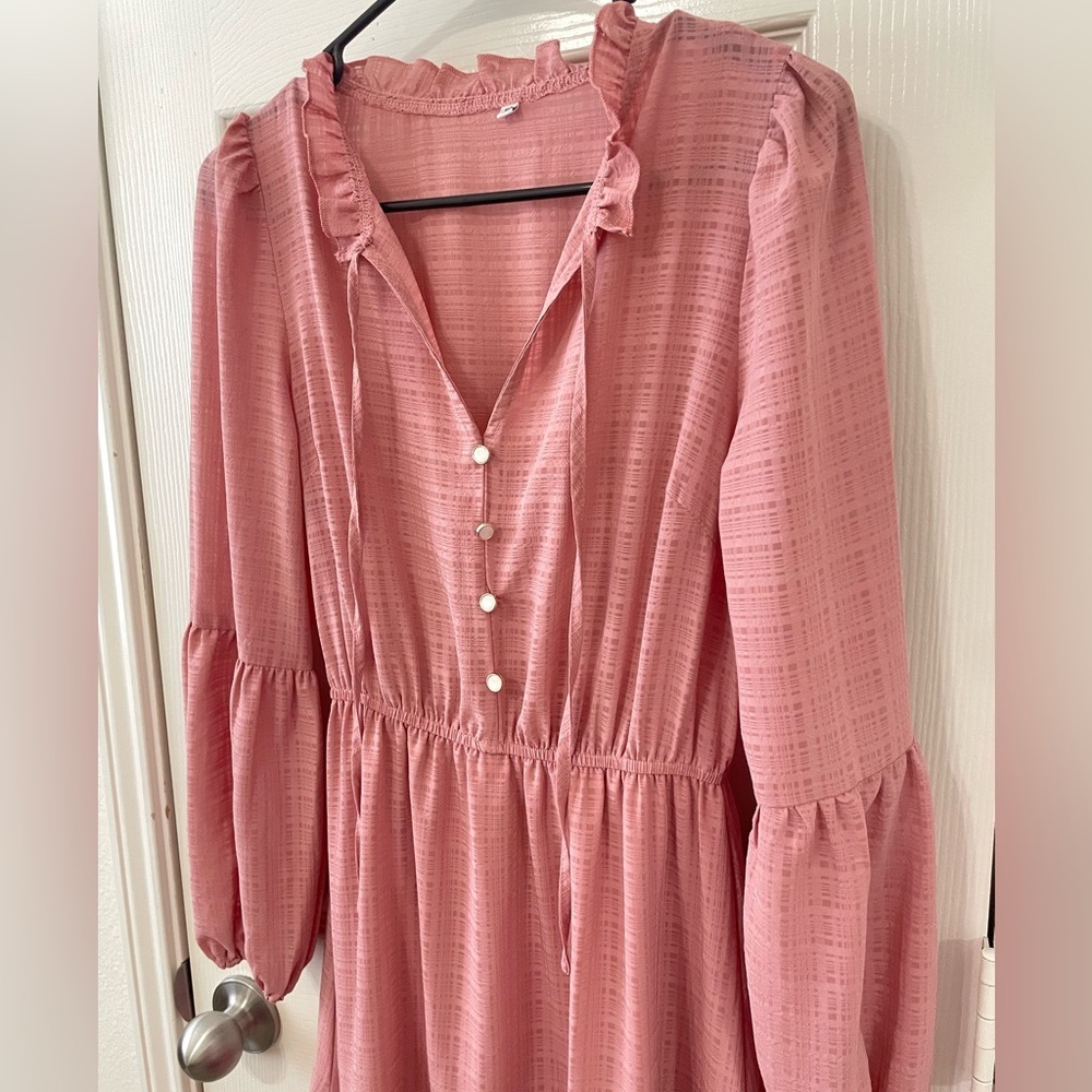 Long Sleeve Button Detail Tiered Solid Midi Dress - Picture 6 of 7